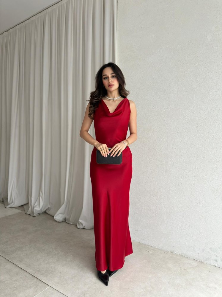 MANUA Saten Elbise 8703 - Kırmızı - Mooi Butik