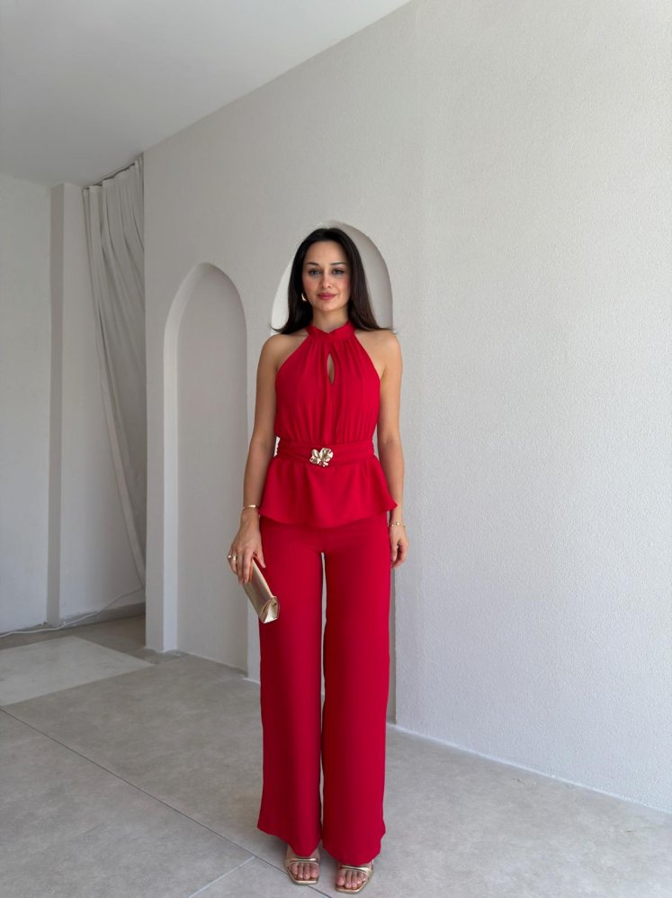 MARFA Broşlu Tulum 3767 - Kırmızı - Mooi Butik
