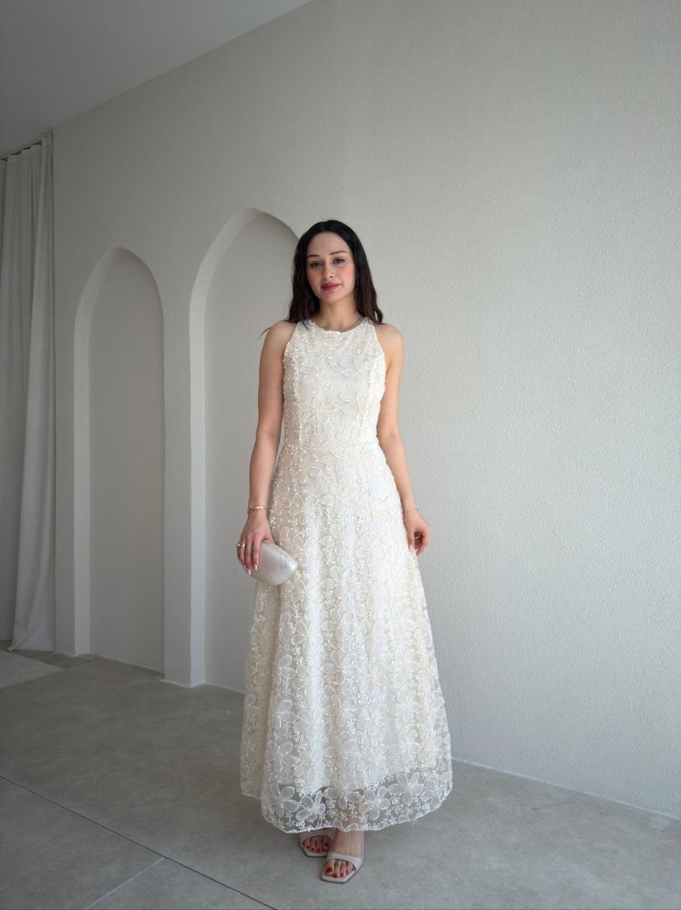 MARGAO Maxi Elbise 0987 - Krem Rengi - Mooi Butik