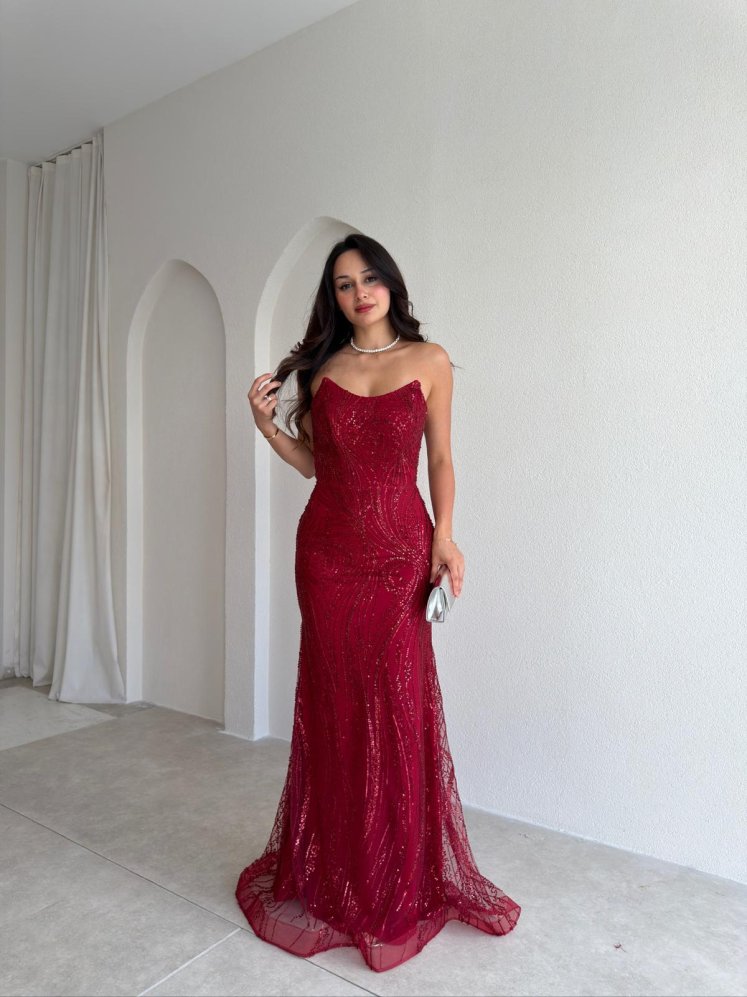 MARİE Taşlı Maxi Elbise 3004 - Bordo - Mooi Butik