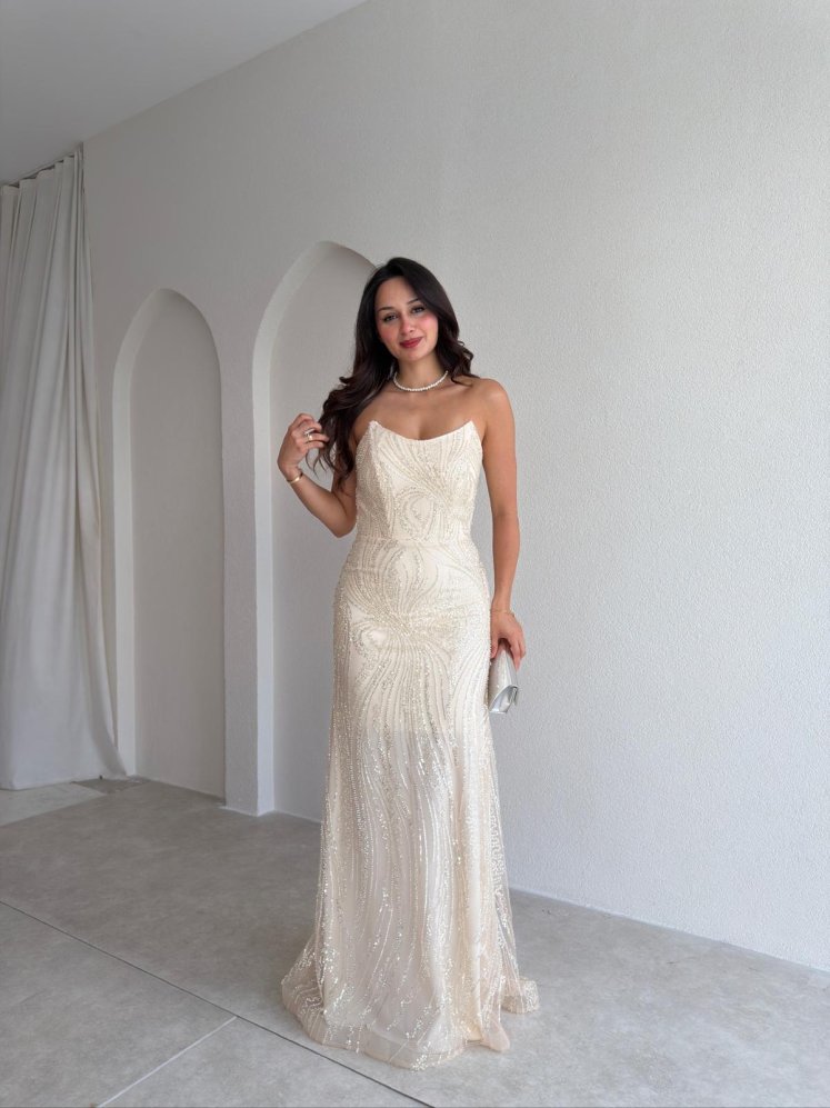 MARİE Taşlı Maxi Elbise 3004 - Krem Rengi - Mooi Butik