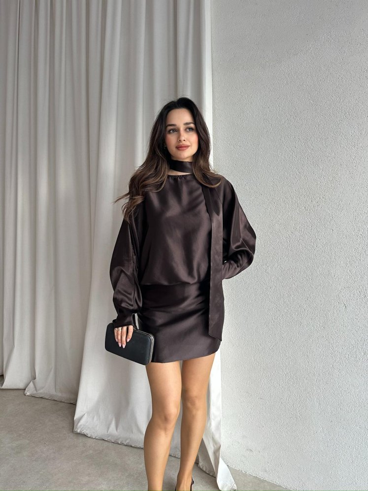 MAXİM Saten Mini Elbise 8737 - Acı Kahve - Mooi Butik