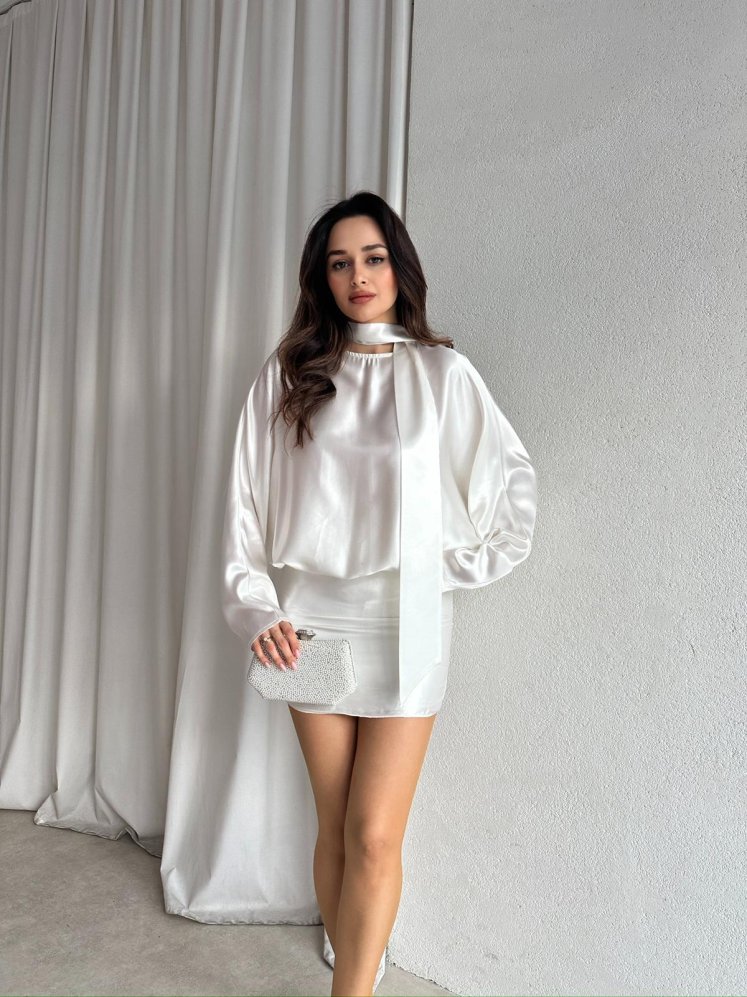 MAXİM Saten Mini Elbise 8737 - Beyaz - Mooi Butik