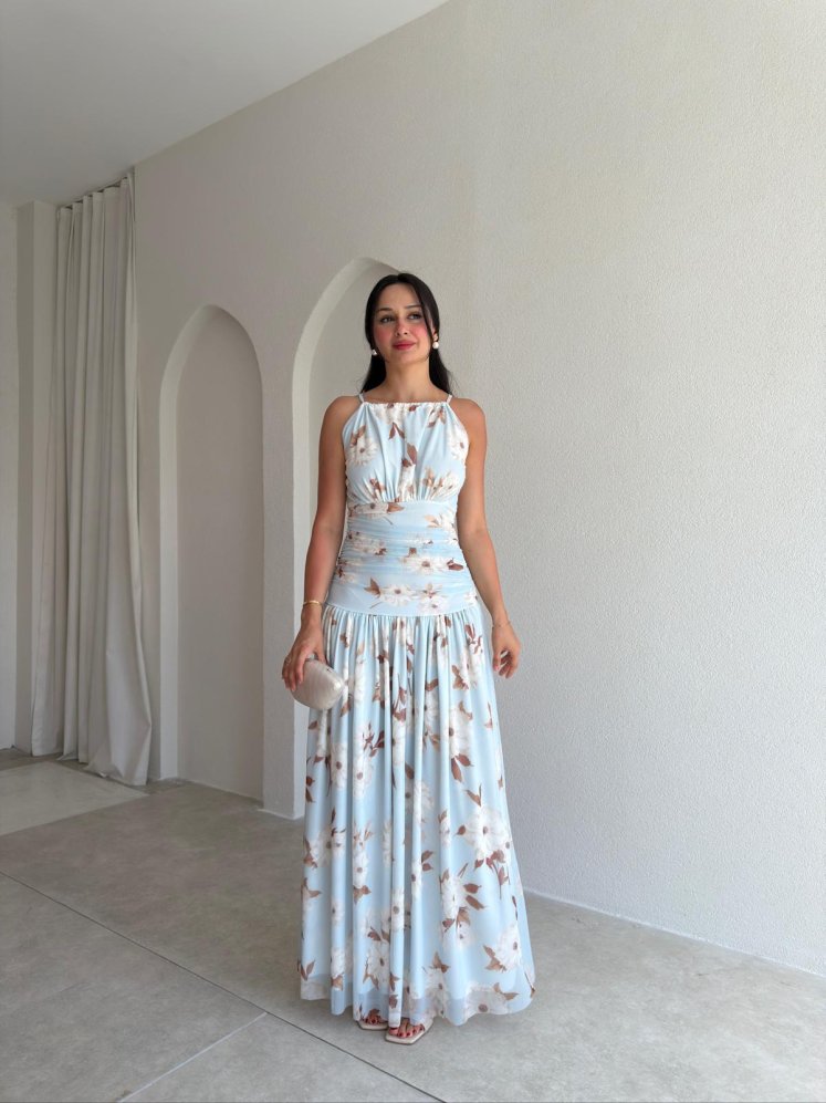 MEİSSEN Çicek Desenli Maxi Elbise 9532 - Bebe Mavisi - Mooi Butik