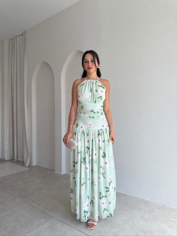 MEİSSEN Çicek Desenli Maxi Elbise 9532 - Yeşil - Mooi Butik