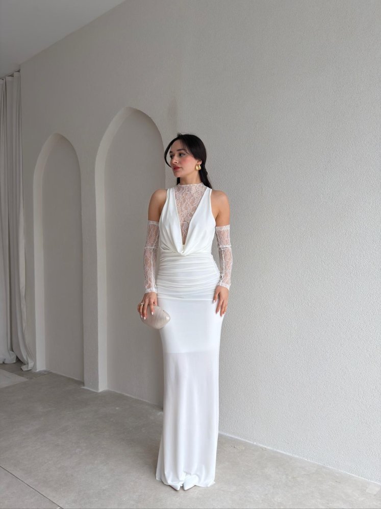 MELANİ Dantel Kol Maxi Elbise 2842 - Beyaz - Mooi Butik