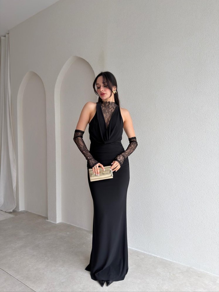 MELANİ Dantel Kol Maxi Elbise 2842 - Siyah - Mooi Butik