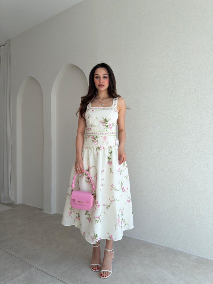 MERCURY Çiçek Desenli Elbise 8925 - Beyaz - Mooi Butik