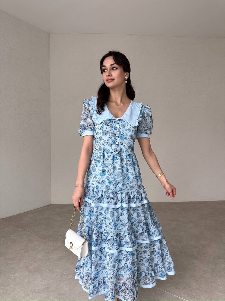 Midi Şifon GERGES Elbise 3077 - Mavi - Mooi Butik