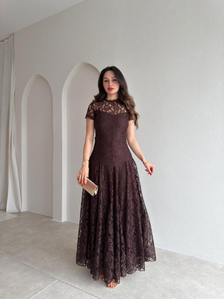 MİELE Dantel Detaylı Maxi Elbise 6644 - Acı Kahve - Mooi Butik