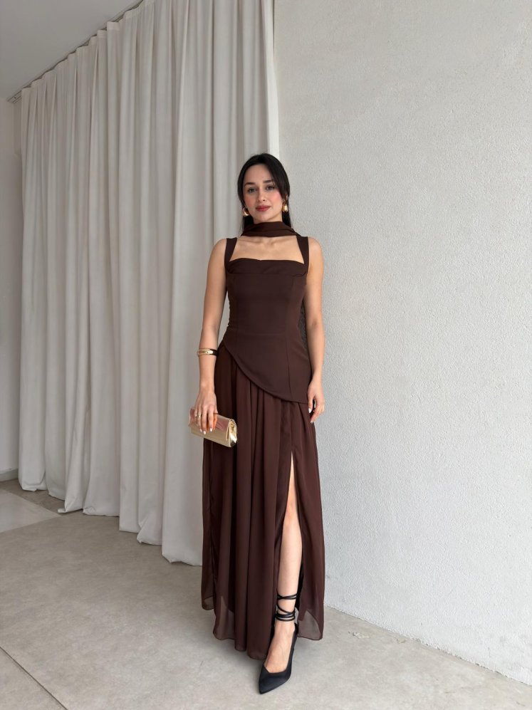  MİMOSA Maxi Şallı Elbise 8543 - Acı Kahve - Mooi Butik