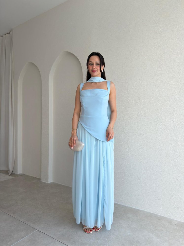 MİMOSA Maxi Şallı Elbise 8543 - Bebe Mavisi - Mooi Butik