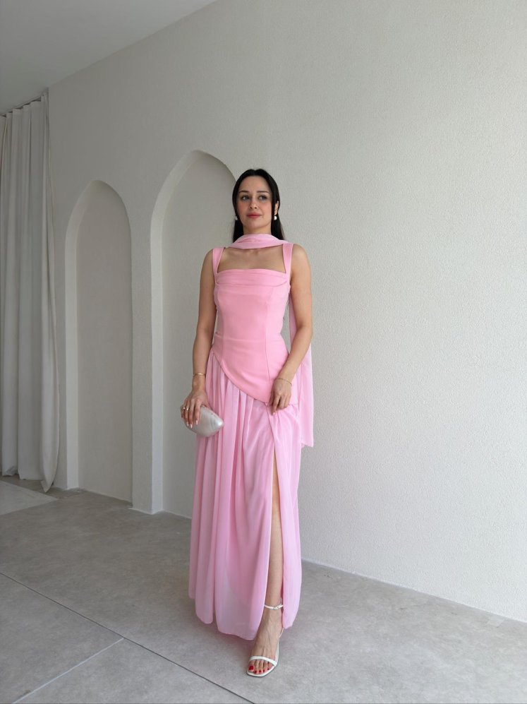 MİMOSA Maxi Şallı Elbise 8543 - Pembe - Mooi Butik