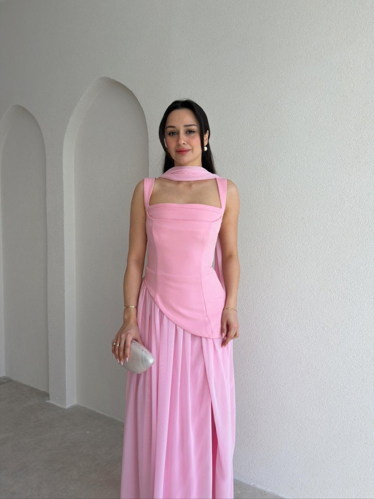 MİMOSA Maxi Şallı Elbise 8543 - Pembe - Mooi Butik