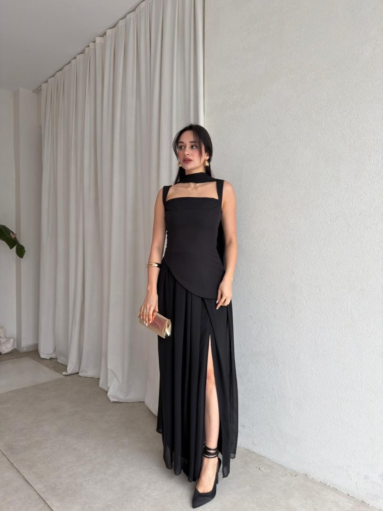 MİMOSA Maxi Şallı Elbise 8543 - Siyah - Mooi Butik