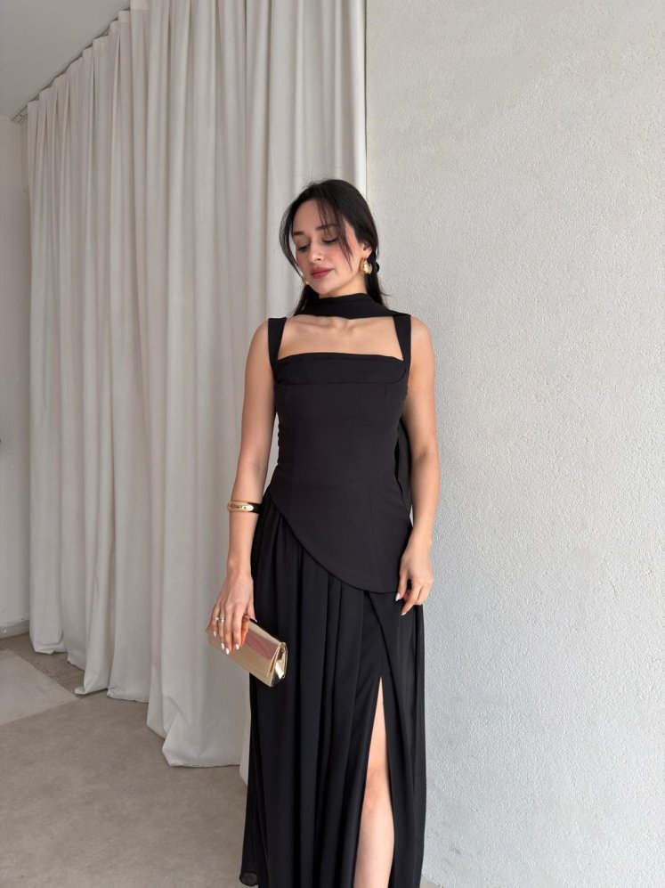 MİMOSA Maxi Şallı Elbise 8543 - Siyah - Mooi Butik