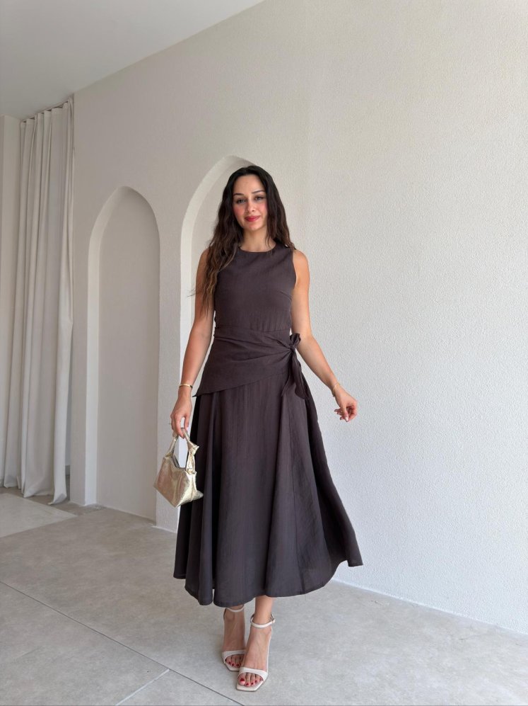 MİND Bağlama Detaylı Midi Elbise 1817 - Acı Kahve - Mooi Butik
