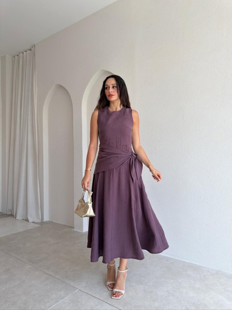 MİND Bağlama Detaylı Midi Elbise 1817 - Mürdüm - Mooi Butik
