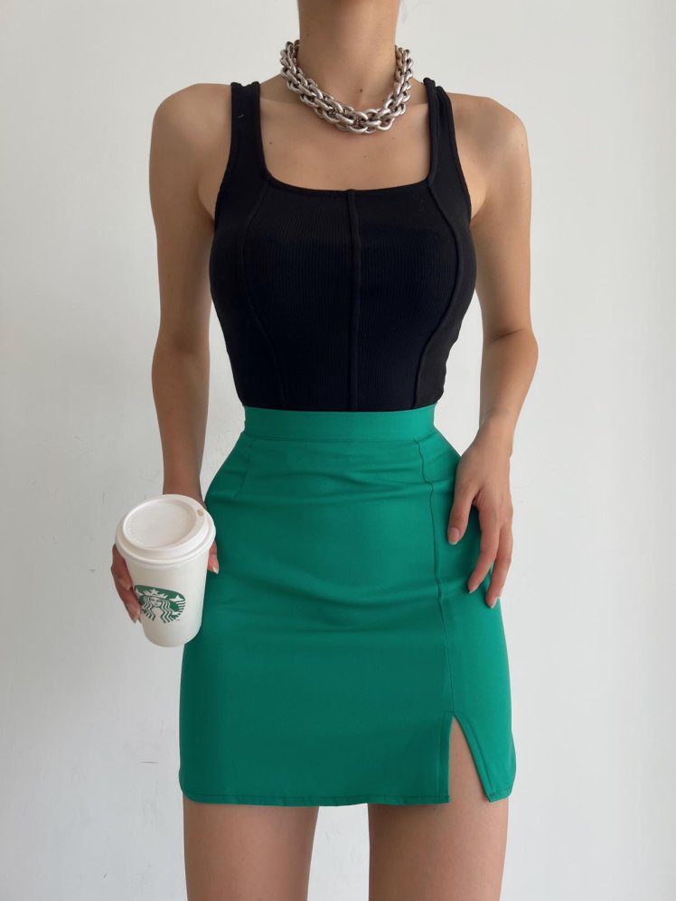 Mini Yırtmaçlı Fermuarlı Carla Etek 1919 - Yeşil - Mooi Butik