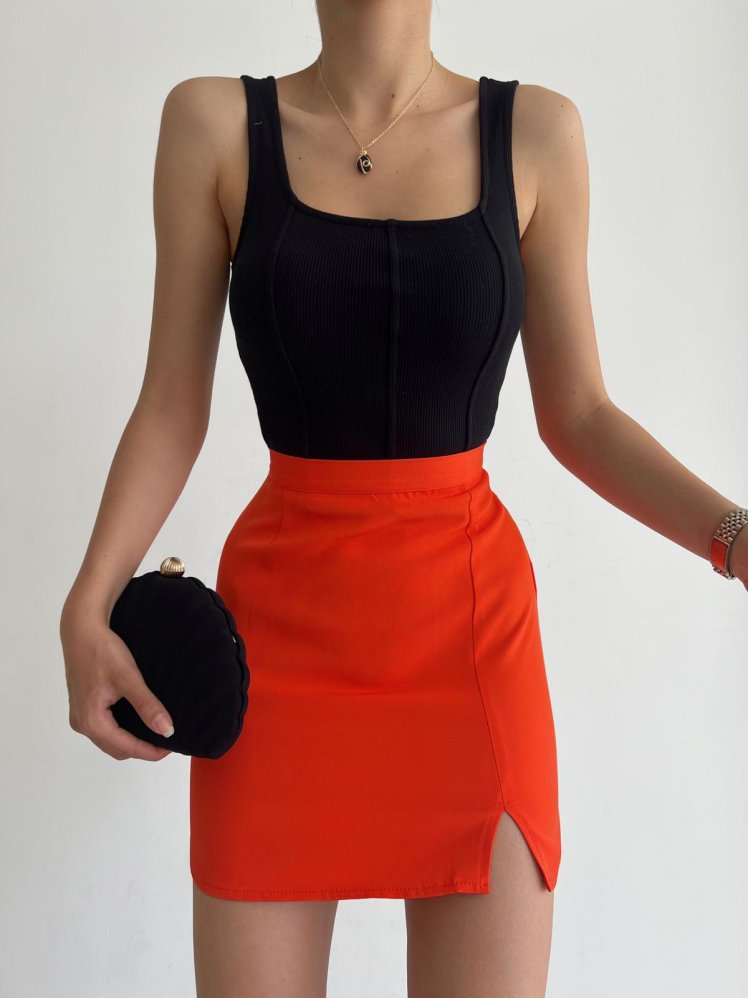 Mini Yırtmaçlı Fermuarlı Carla Etek 1919 - Turuncu - Mooi Butik