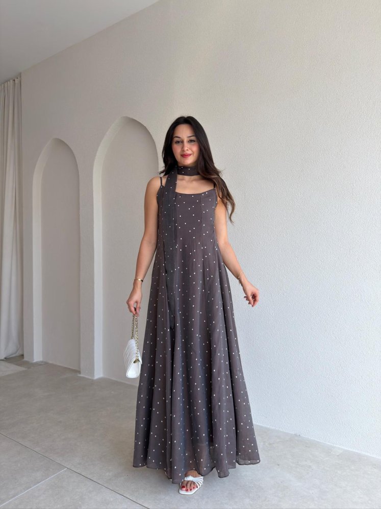 MİSSY Şallı Puantiye Detaylı Maxi Elbise 1199 - Acı Kahve - Mooi Butik