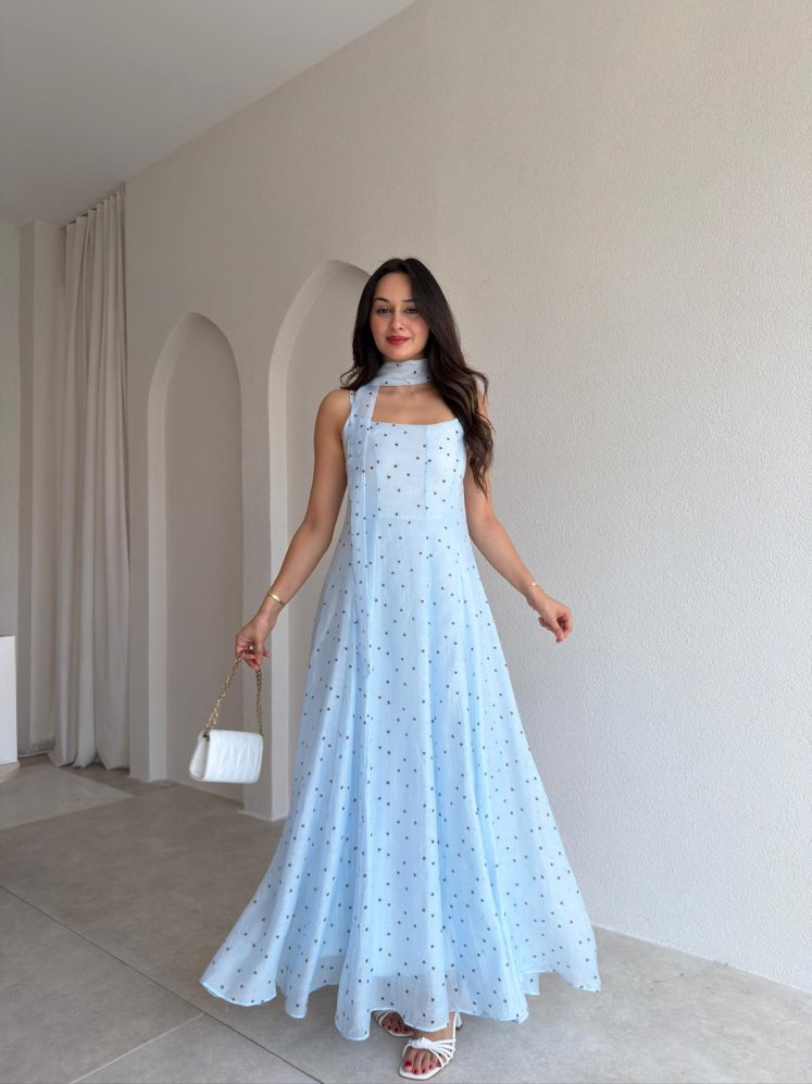 MİSSY Şallı Puantiye Detaylı Maxi Elbise 1199 - Bebe Mavisi - Mooi Butik