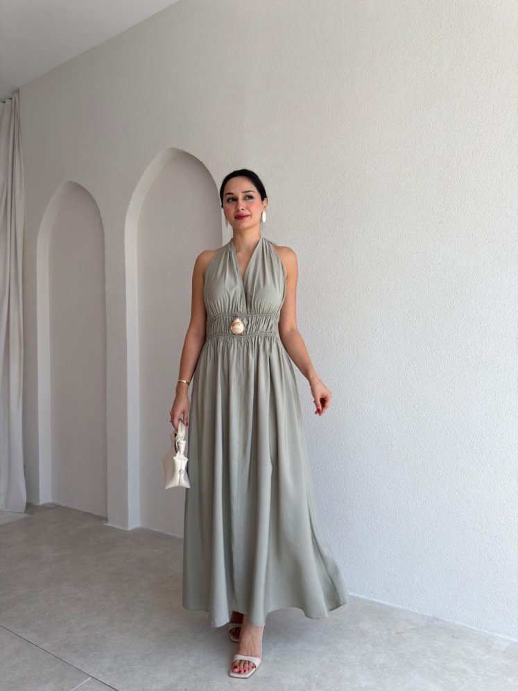 MİUSA Broş Detaylı Maxi Elbise 3724 - Haki - Mooi Butik