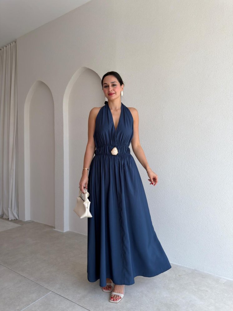 MİUSA Broş Detaylı Maxi Elbise 3724 - Lacivert - Mooi Butik