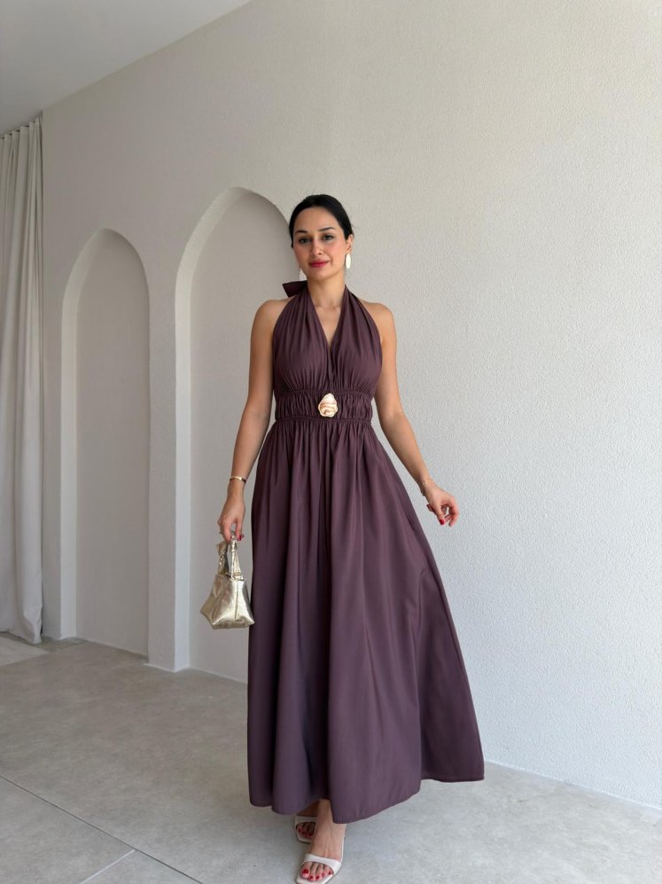 MİUSA Broş Detaylı Maxi Elbise 3724 - Mürdüm - Mooi Butik