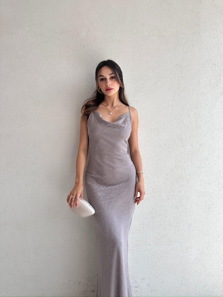 MOCHİ Maxi Elbise 8102 - Gri - Mooi Butik