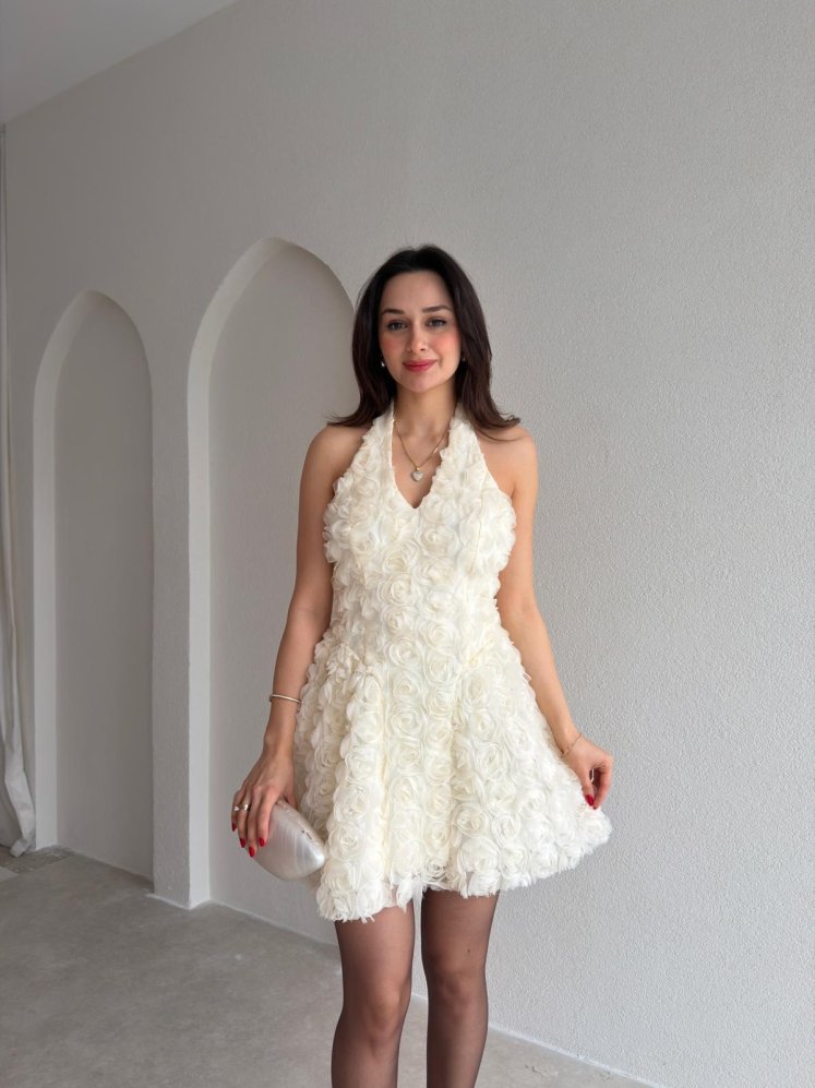 MONJE Kabartma Gül Desenli Mini Elbise 8974 - Krem Rengi - Mooi Butik