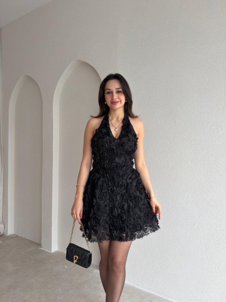 MONJE Kabartma Gül Desenli Mini Elbise 8974 - Siyah - Mooi Butik