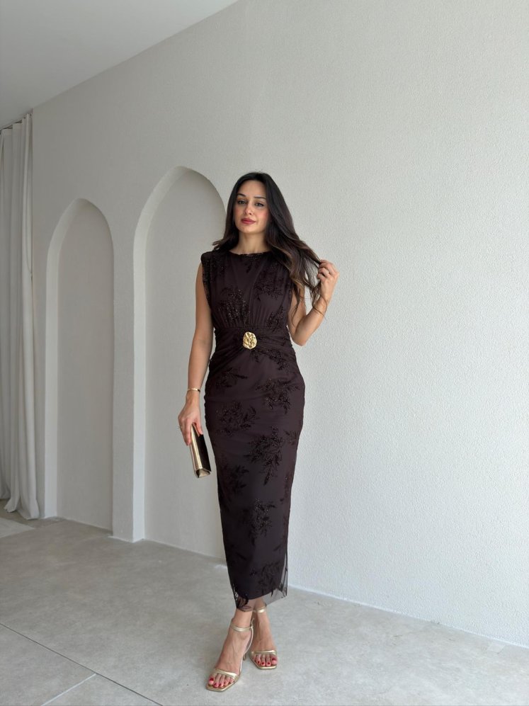 MOTTY Sim Desenli Midi Elbise 3601 - Acı Kahve - Mooi Butik