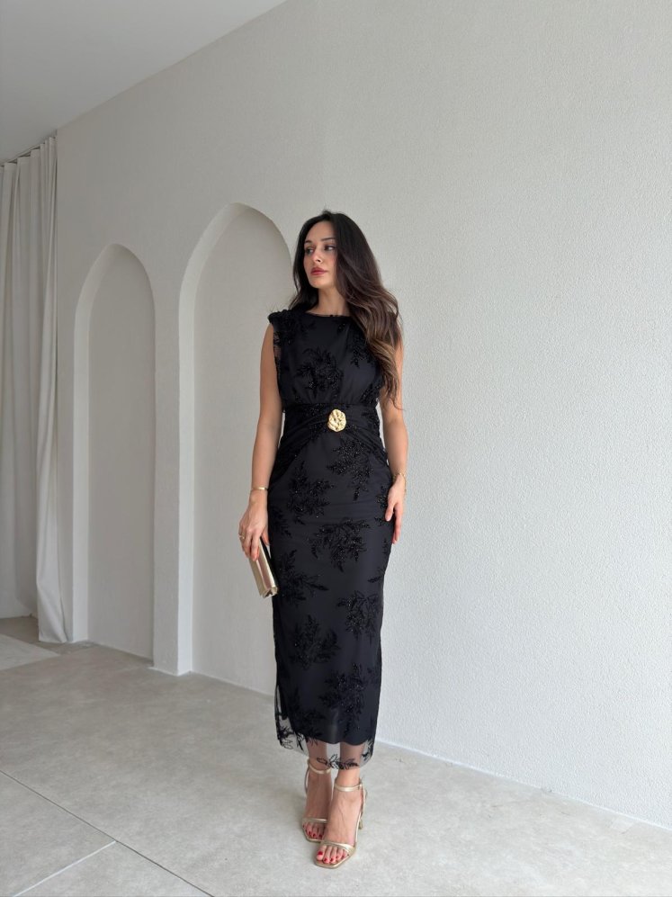MOTTY Sim Desenli Midi Elbise 3601 - Siyah - Mooi Butik