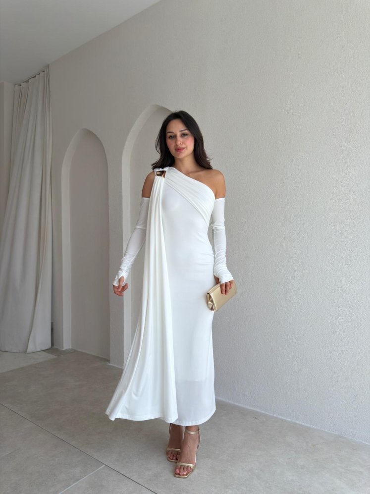 NACHOS Midi Elbise 4015 - Beyaz - Mooi Butik