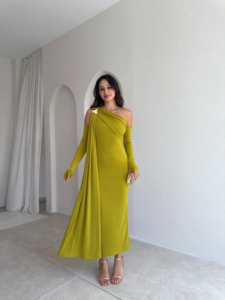 NACHOS Midi Elbise 4015 - Yağ Yeşili - Mooi Butik