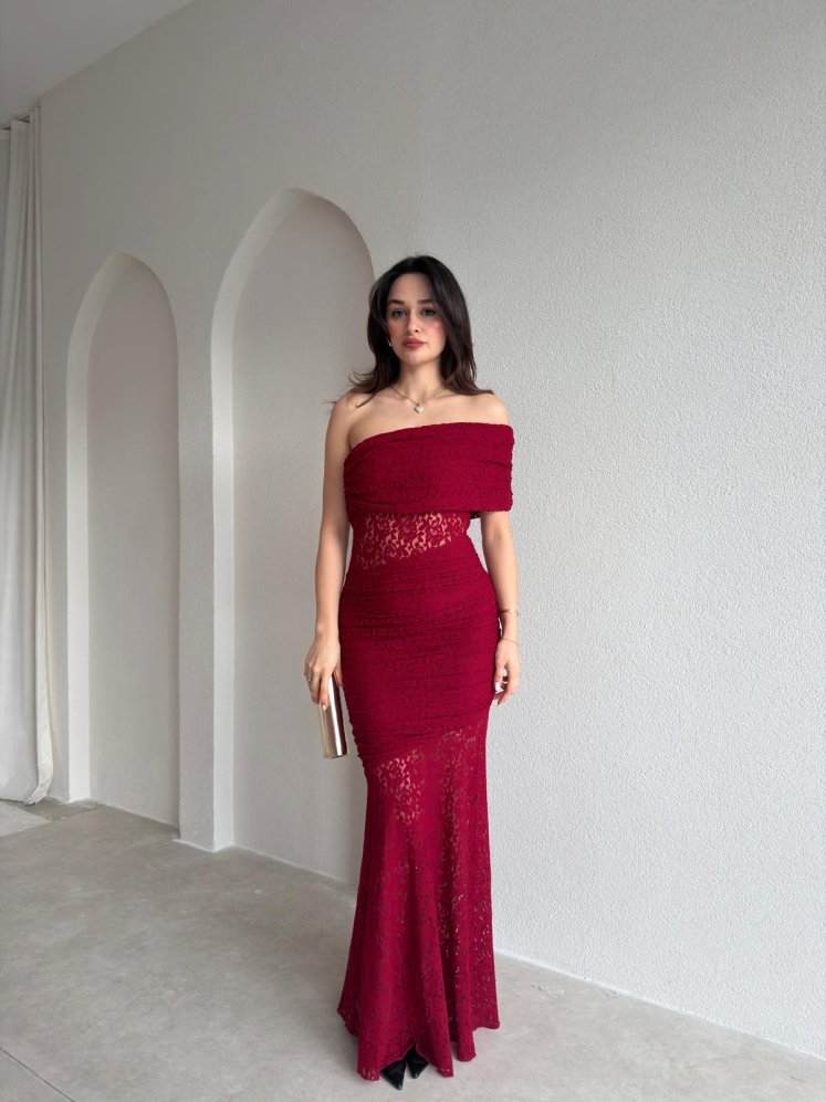 NARİYA Tek Omuz Elbise 3927 - Bordo - Mooi Butik