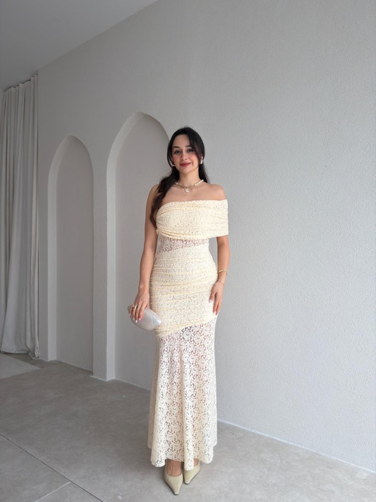 NARİYA Tek Omuz Elbise 3927 - Ekru - Mooi Butik