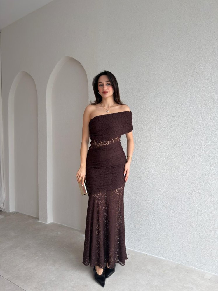 NARİYA Tek Omuz Elbise 3927 - Acı Kahve - Mooi Butik