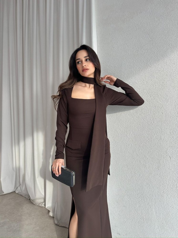 NESTOR Fularlı Elbise 2424 - Acı Kahve - Mooi Butik