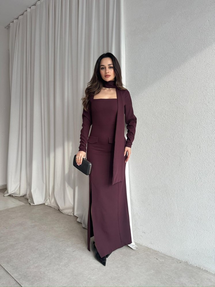 NESTOR Fularlı Elbise 2424 - Bordo - Mooi Butik