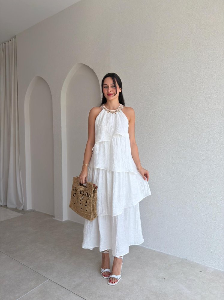 NİRA Yaka Detaylı Midi Elbise 5429 - Beyaz - Mooi Butik