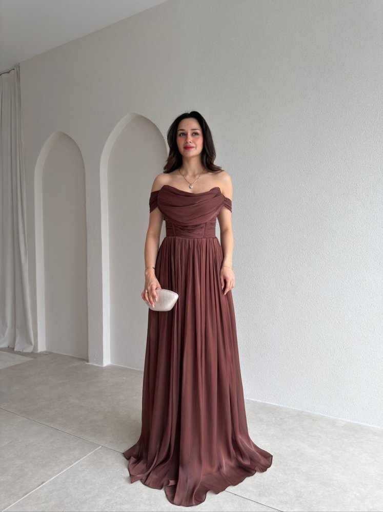 NİTSA Düşük Omuz Maxi Elbise 4129 - Acı Kahve - Mooi Butik