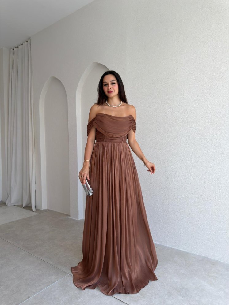 NİTSA Düşük Omuz Maxi Elbise 4129 - Kahverengi - Mooi Butik