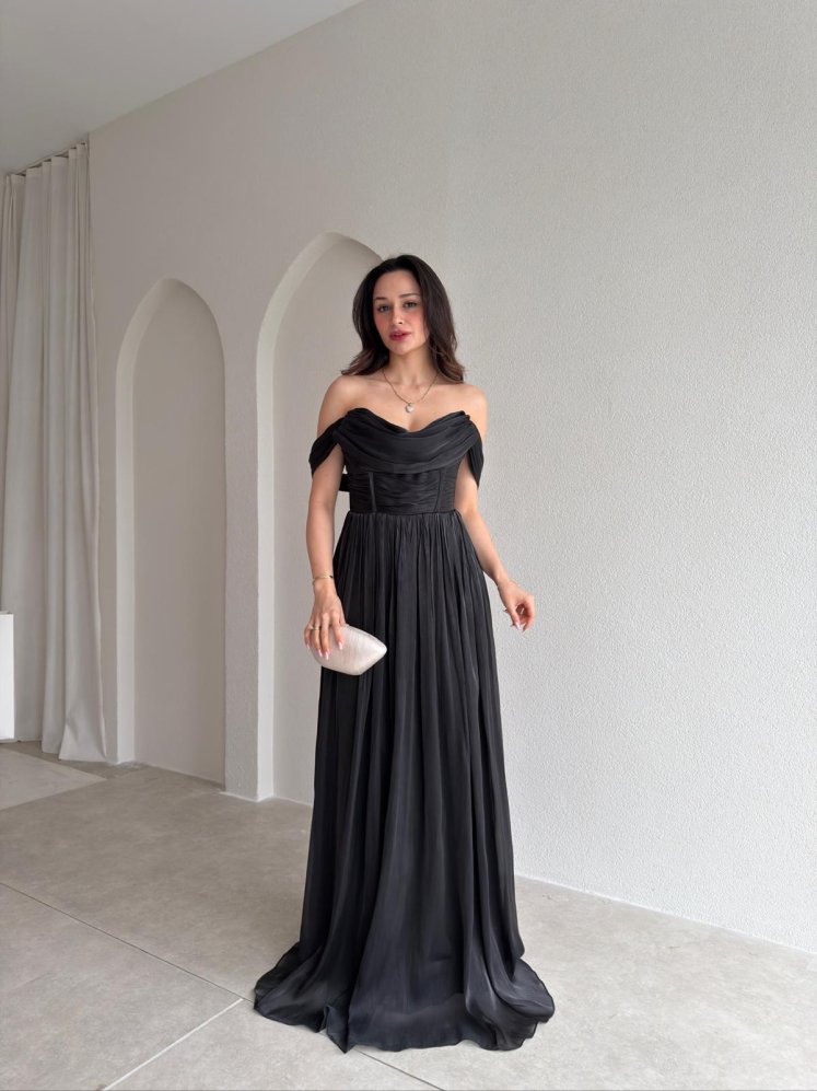 NİTSA Düşük Omuz Maxi Elbise 4129 - Siyah - Mooi Butik