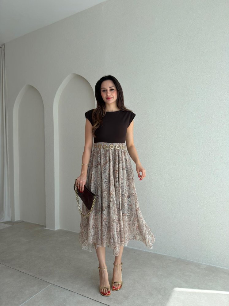NOJİTA Altı Desenli Midi Elbise 0281 - Acı Kahve - Mooi Butik