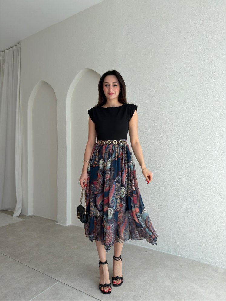 NOJİTA Altı Desenli Midi Elbise 0281 - Lacivert - Mooi Butik