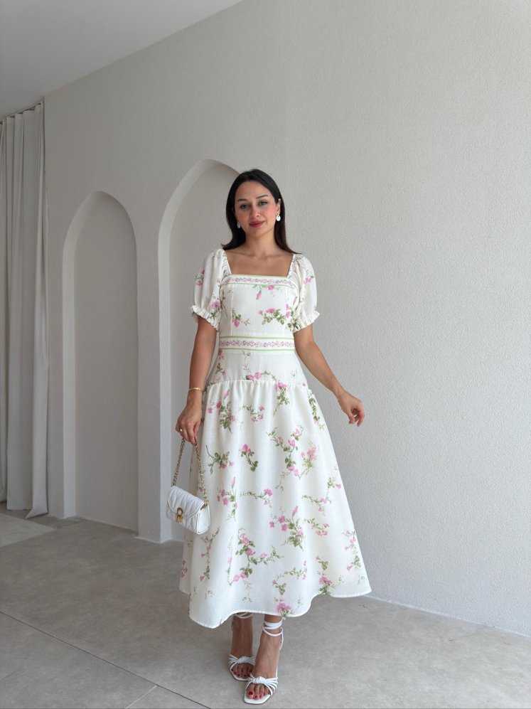 NOLİTA Çiçekli Midi Elbise 3692 - Beyaz - Mooi Butik