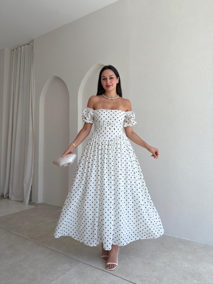 NOXELLE Puantiyeli Midi Elbise 8932 - Beyaz - Mooi Butik