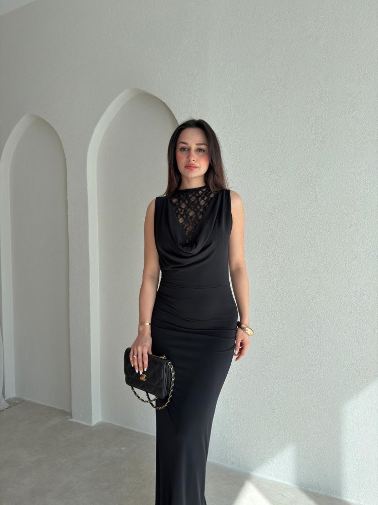 ODELLA Dantelli Maxi Elbise 2024 - Siyah - Mooi Butik